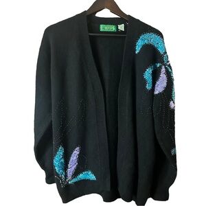 Pakoram Vtg Wool Angora Black Open Cardigan Vibrant Blue & Purple Details Sz M